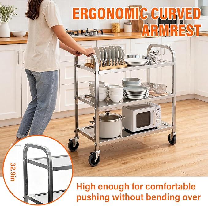 3-Tier Stainless Steel Utility Cart, 29.5"×15.7"×32.9", Rolling Kitchen Serving Trolley, Catering Storage Cart with 2 Lockable Wheels for Hotel, Restaurant, Home Use (Small)