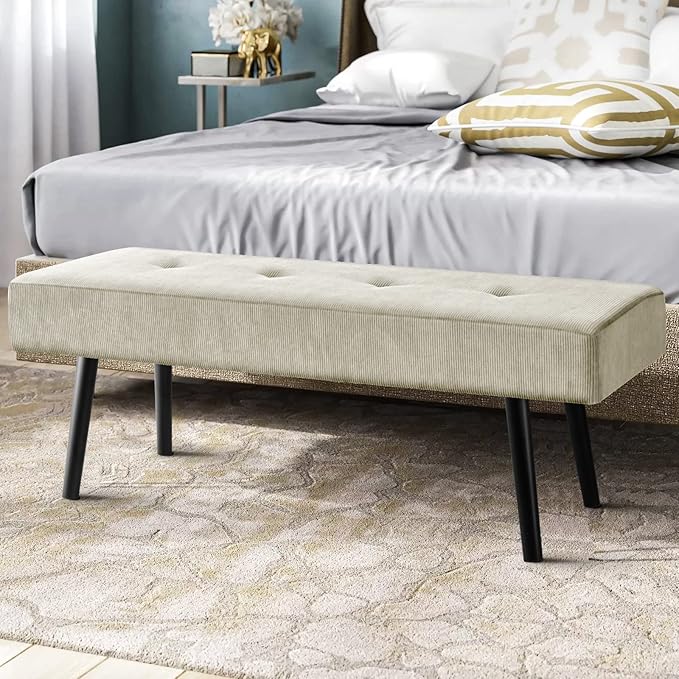 Comfy to go Entryway Bench - Beige Bench for Bedroom, Modern Ottoman End of Bed, Corduroy Padded Benches for Living Room, Foyer, Mudroom, Hallway - 39" L x 14" W x 17" H