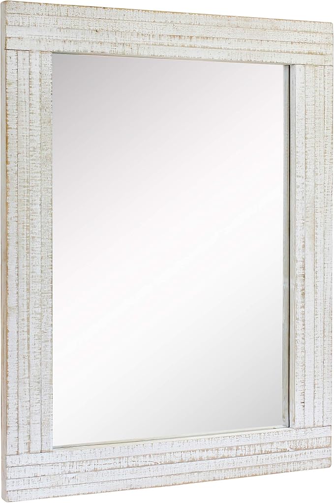Stonebriar 24" x 18" Rectangle Worn White Wood Frame Wall Mirror with Attached Hanging Brackets, Decorative Country Rustic Decor for the Living Room, Bedroom, Bathroom, Hallway, and Entryway
