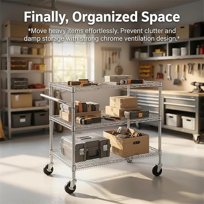 Finnhomy 3 Tier Heavy Duty Commercial Grade Utility Cart, Wire Rolling Cart with Handle Bar, Steel Service Cart with Wheels, Kitchen Carts on Wheels, Metal Cart Shelf Size 24" D x 36" W, NSF, Chrome