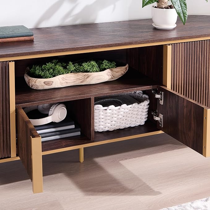 OKD 70" Fluted TV Stand with Storage, Faux Marble Top Entertainment Center for TVs Up to 80", Modern Curved Edge Media Console Cabinet for Living Room, Dark Walnut