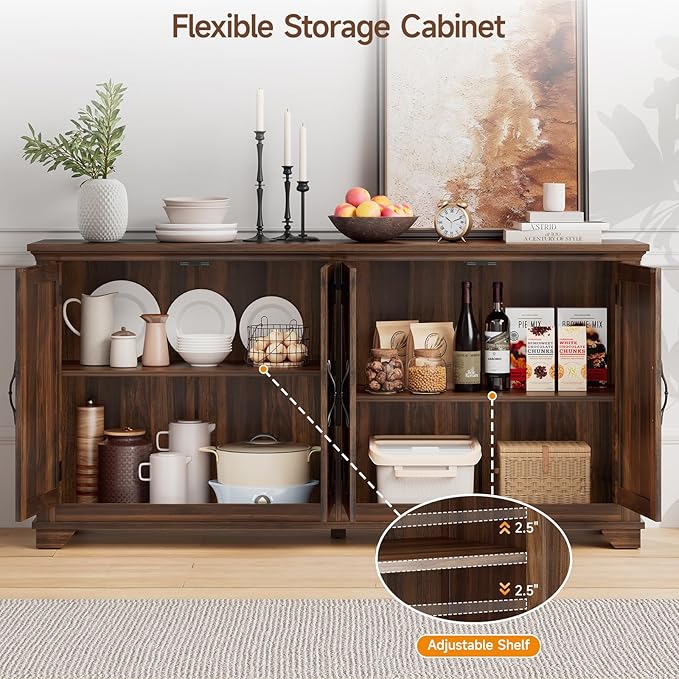 ONBRILL 63 Inch Buffet Cabinet with Storage, Large Sideboard Cabinet with 4 Carved Doors, Modern Credenza Storage Cabinets w/Adjustable Shelves for Kitchen, Living Room, Brown