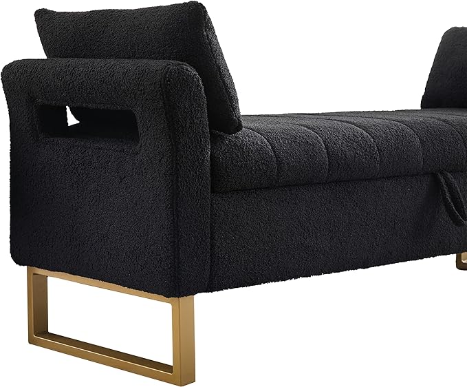 66'' Storage Bench for Bedroom End of Bed King Size, Long Bedroom Benches for Foot of Bed with Gold Legs, Comfy Bed Bench with Storage, Pillows for Entryway, Windows, Black Teddy