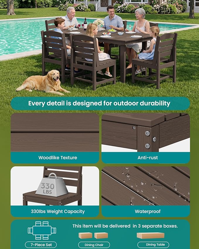 SERWALL Patio Dining Sets for 6 Person, HDPE Dining Set with 6 Armless Chairs, Coffee