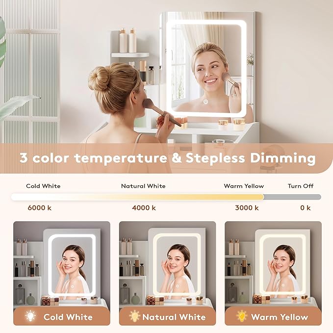 LIVELYGLOW Small Vanity Set with Lighted Mirror & Power Station, 24" Modern White Makeup Desk with Storage Stool, HairDryer Rack, Smart LED 3-Color Lighting, Compact Dressing Vanity for Bedroom