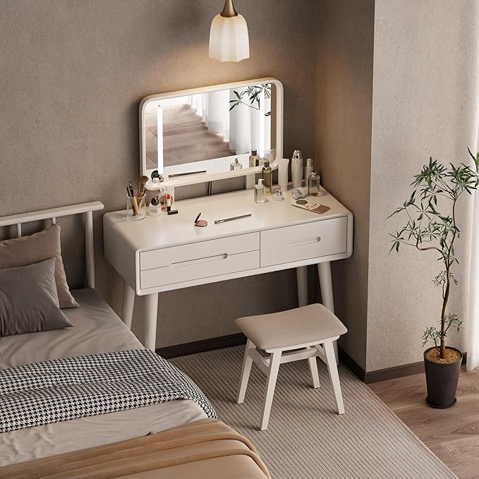 Solid Wood Vanity with Mirror and Lights, Adjustable Brightness, Wood Makeup Vanity with 3 Drawers, Semi-Assembled, Vanity Desk for Bedroom (White)