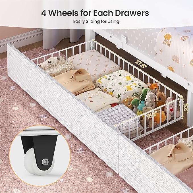 BTHFST Bunk Bed Full Over Full with Stairs, LED Lights Full Bunk Beds with 2 Storage Drawers & 6 Fabric Drawers, Metal Full Loft Beds with Safety Guardrail & Stairs, Space Saving, White