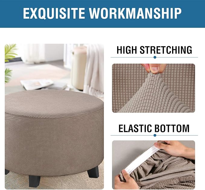 H.VERSAILTEX Ottoman Cover Stretch Ottoman Slipcover Round Ottoman Storage Cover Folding Stool Covers Furniture Protector Cover for Footrest Ottoman Fit Dia 20" - 23", Taupe