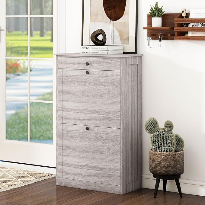 FTZxHKLX Shoe Storage Cabinet with 2 Flip Drawers, Narrow Freestanding Hidden Shoe Rack Cabinet, Pet-Proof Shoe Organizer for Closet, Entryway, Hallway, Wash Grey