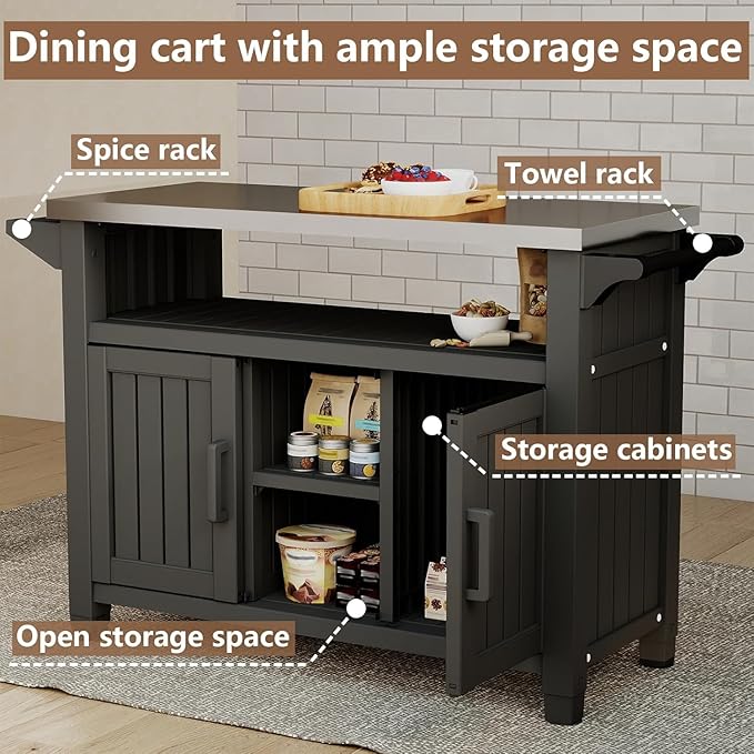 EasyUp Outdoor Storage Cabinet,Patio Storage Table, Bar Table with Wheels,Outdoor Bar Cart for Patio, Poolside and Backyard,Classic Black