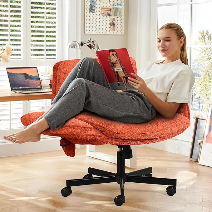 Criss Cross Chair with Lumbar Airbag & Folding Arms Relieve Back Pain, Wide Cross Legged Office Chair for Home Office, Comfy Swivel Desk Chair with Wheels, 5 Level Adjustable Armrest, Chenille(Orange)