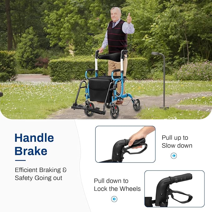 Goplus 2 in 1 Rollator Walker for Seniors, Medical Walker with Seat, Folding Transport Wheelchair Rollator with 8" Wheels, Reversible Backrest, Footrests, Aluminum Mobility Walking Aid (Blue)