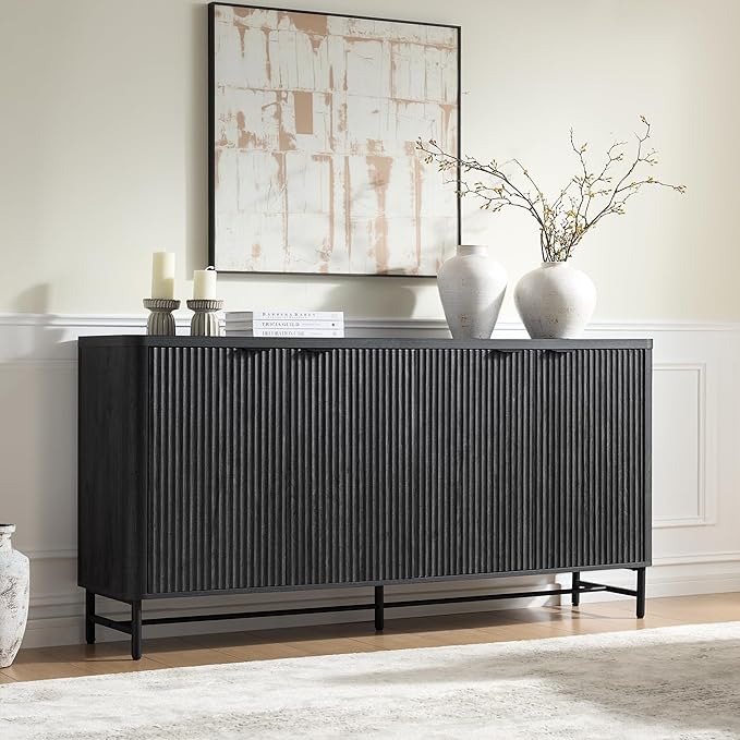 Fatmok 65" Buffet Cabinet with Storage, Fluted Credenza Sideboard with 4 Doors & Adjustable Shelves, Large Coffee Bar Console Table for Dining Room, Living Room, Entryway, Black Grey