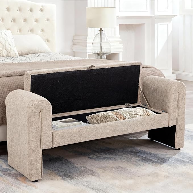 Storage Bench for Bedroom End of Bed, Velvet Upholstered Rolled Armed Button Tufted Sofa Stool Bench, Storage Ottoman Couch Long Bench with Solid Wood Legs (Oatmeal)