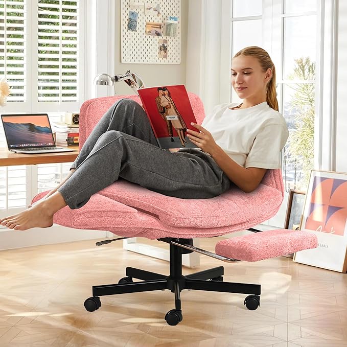 Criss Cross Chair with Footrest & 5 Level Folding Arms Full Relaxation, Wide Cross Legged Office Chair for Home Office, Comfy Swivel Desk Chair with Ottoman, Chenille Vanity Chair (Pink)