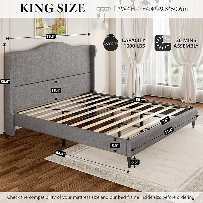 King Size Bed Frame, Upholstered Platform Bed with Tall Arched Wingback Headboard, Sturdy Wooden Slat Support, Easy Assembly, No Box Spring Required, Soft Fabric Bed for Bedroom, Light Grey