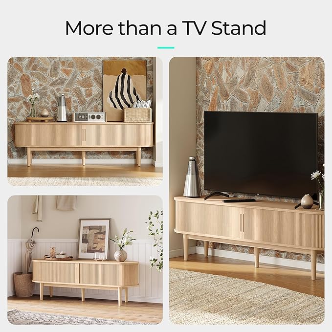 LINSY HOME 70" Fluted TV Stand for TVs up to 80 Inch, Mid Century Modern Entertainment Center with Storage Cabinet and Sliding Doors, Farmhouse Wood Media TV Console for Living Room, Bedroom, Oak