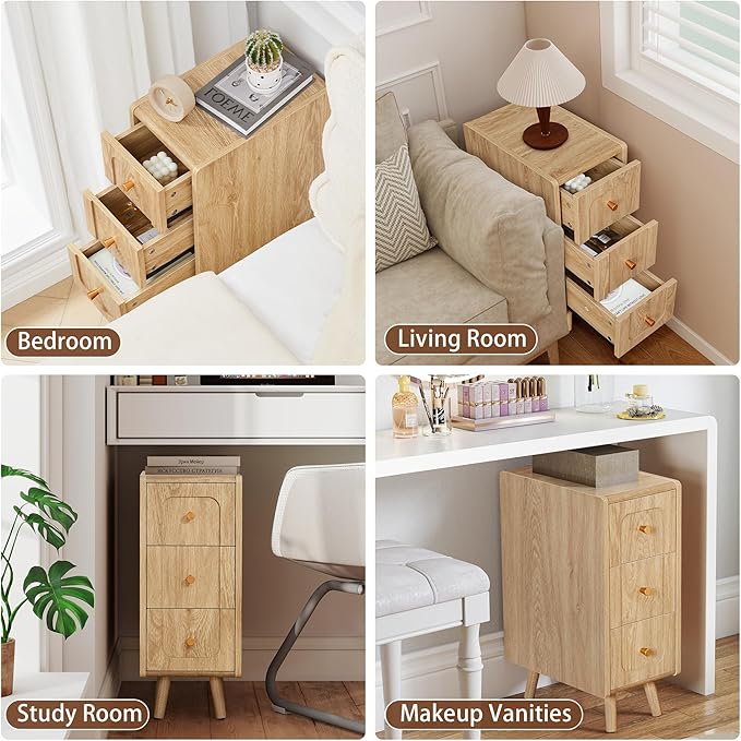 Small Nightstand Set of 2, Narrow Nightstand Slim Couch Side Table with Drawers, Wood End Tables with Storage for Living Room, Bedroom, Small Spaces (Natural-2pcs)