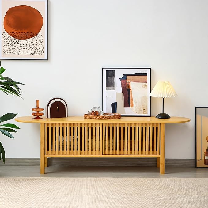 Bamboo TV Stand for TVs up to 65", Accent Entertainment Center with Storage, Media Console Table with Fence Door, Modern TV Stand for Living Room, Bedroom, 55"(L), Burlywood