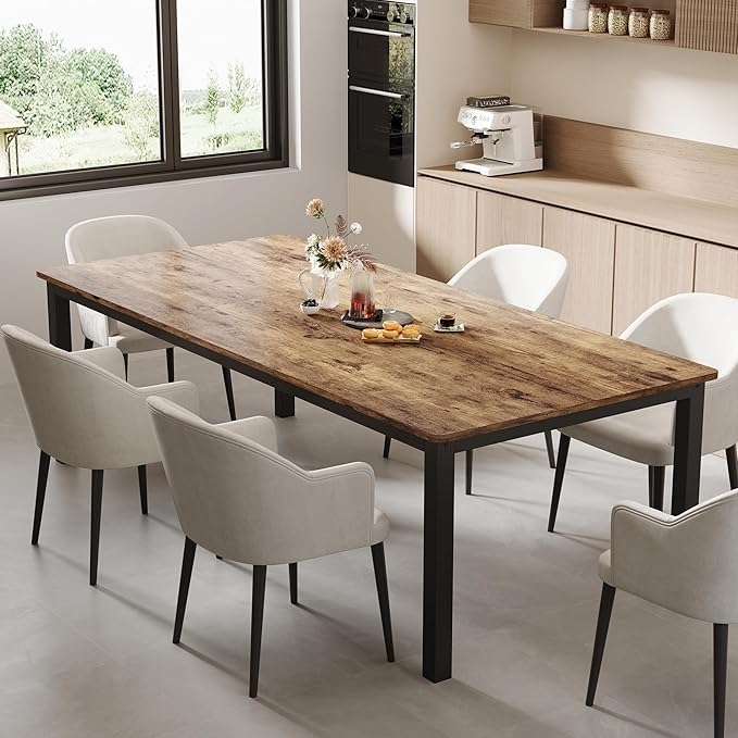 GarveeHome 78.7 in Industrial Dining Table for 6, Wooden Long Dinner Table with Mortise Tenon Design, Kitchen Table with Sturdy Metal Legs, for Dining Room Home Office Living Room, Retro