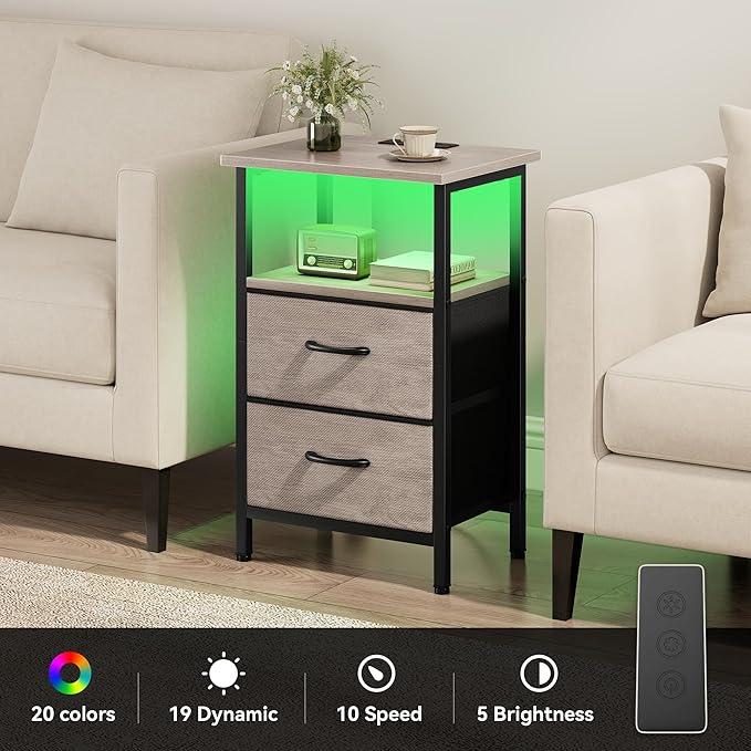 Vagusicc Night Stand Set 2, LED Nightstand with Charging Station, Bedside Table with USB Ports & Outlets, 24.2" Tall End Table with open Shelf, Bed Side Table with 2 Fabric Drawers for Bedroom, Greige