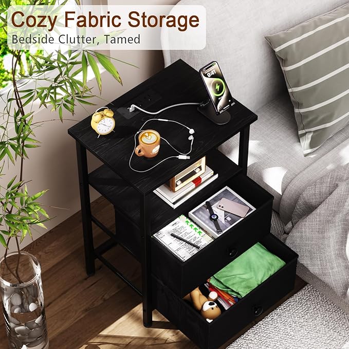LOAKEKEL Night Stand, Nightstand with Charging Station, Slim Industrial Bedside Table with 2 Fabric Drawers, Small End Table with USB & Type-C Ports for Bedroom, Black, HETS020BK-1