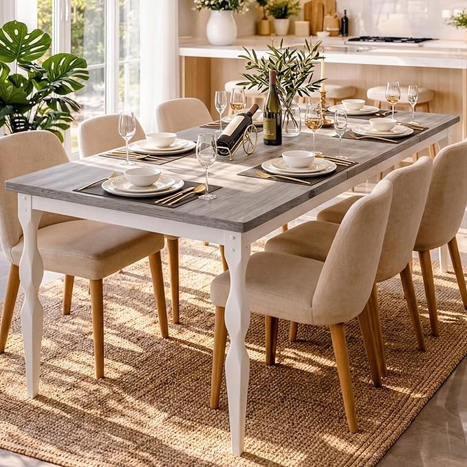 Garvee 79-Inch Modern Farmhouse Dining Table, Large Rectangular Kitchen Table for 6-8 People, Sturdy Wood Top with Unique Legs, Scratch-Resistant Dining Room Furniture for Party, Big Family, Grey