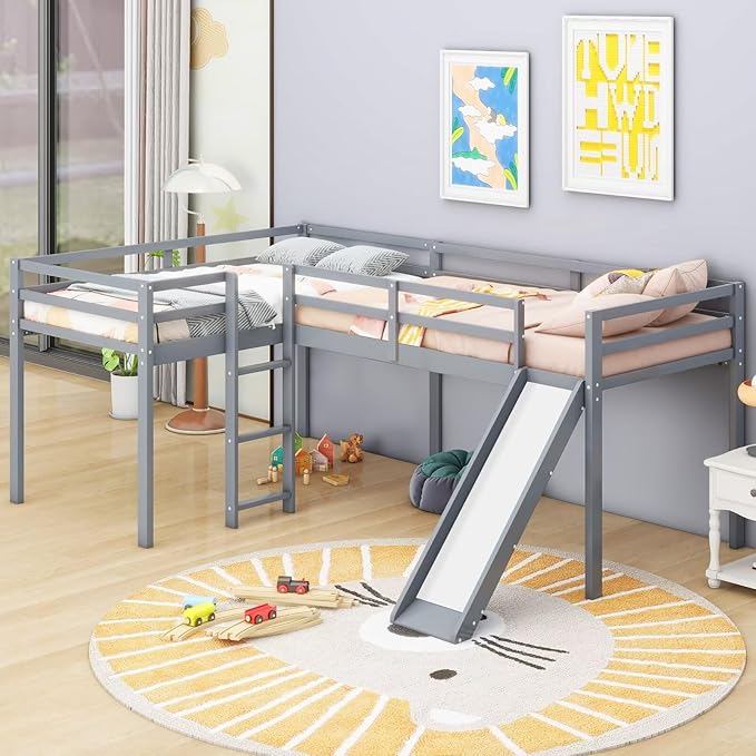 Merax Twin Size Double Loft Bed with Slide and Ladder, Wooden L-Shaped Bed Frame with Full-Length Guardrail, Wood Bedframe for Kids Teens Adults Bedroom, 2 Twin Beds, Grey