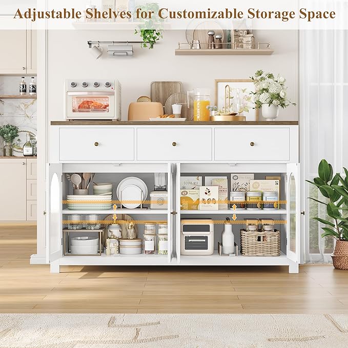 FINETONES Buffet Cabinet with Storage, 55.1" Large Sideboard Buffet Cabinet, Farmhouse Kitchen Cabinets with 3 Drawers and 4 Doors, Wood Coffee Bar for Kitchen Dining Room, White