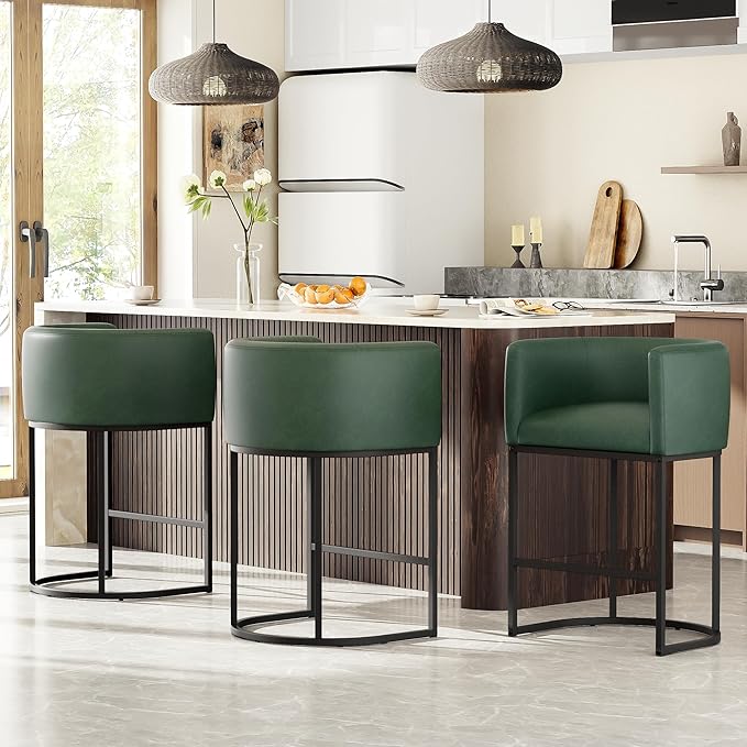 26" H Counter Height Bar Stools Set of 4, Modern Barrel Counter Stools with Backrest and Arms, Faux Leather Upholstered Accent Barstools for Kitchen Island,Support 450 LBS (Green)