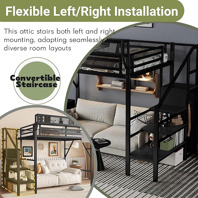 Mirightone Twin Size Loft Bed with Stairs and Storage, Metal Loft Bed Frame with A Shelf and Large Under-Bed Space, Heavy-Duty Loft Beds for Kids Boys Girls Teens, Black