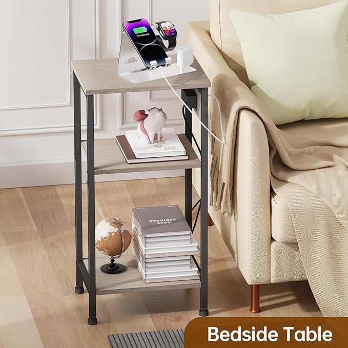 Asgolion Tall End Table with Charging Station, 3 Tier Narrow Beside Table with Adjustable Shelf, Tall Side Table Nightstand for Bedroom, Living Room Coffe Table, Office, Greige