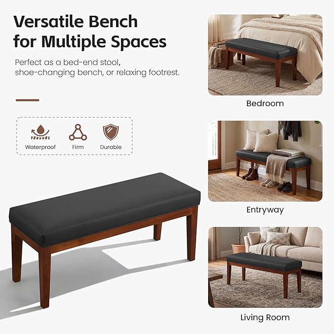 43.5" Upholstered Bedroom Bench, Faux Leather Entryway Bench with Solid Wood Legs, End of Bed Bench with Cushion, Dining Bench for Living Room, Bedroom, Hallway, Black