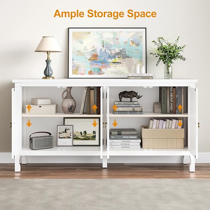 RoyalCraft 63'' Buffet Cabinet with Mirror Butterfly Carved Door, Sideboard Cabinet with Adjustable Shelves, Vintage Accent Credenza Media Console for Entryway, Kitchen, Satin White