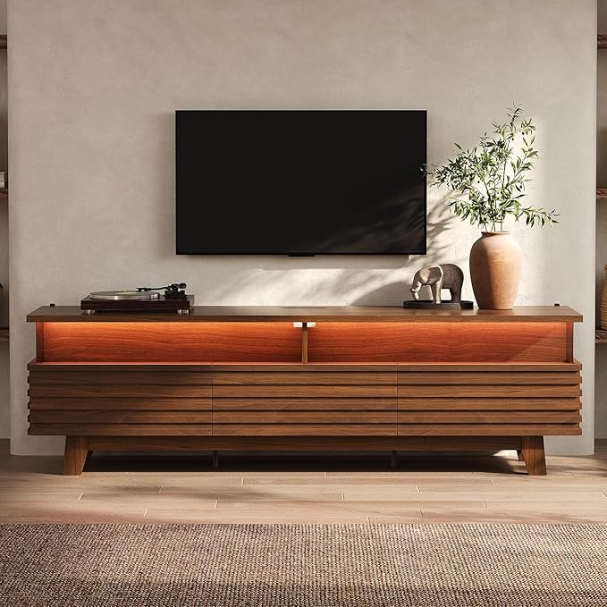 HAUOMS 70.9”TV Stand for Living Room with Cable Management, Hidden Power Station, LED Lights, Media Console up to 80", Entertainment Center, Fluted Modern TV Cabinet with Storage, Anti-Tip, Walnut