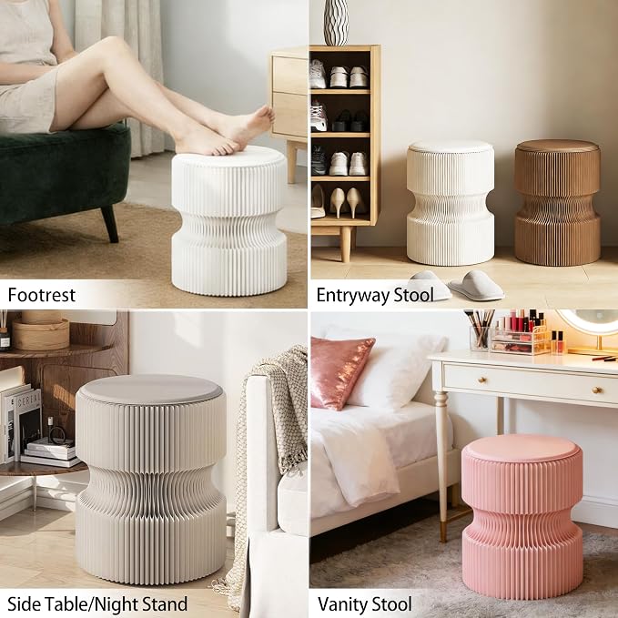 Accordion Folding Stool, Modern White Kraft Paper Honeycomb Ottoman, Collapsible Portable Footrest Stool, Fold Up Under Desk Seat for Office Entryway Living Room Small Space (11 Inch, White)