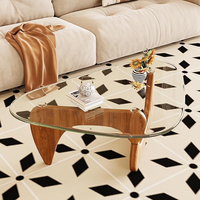 Coffee Table for Living Room Mid Century Modern Center Table with Glass Top and Wood,36 Inch, Transparent/Walnut