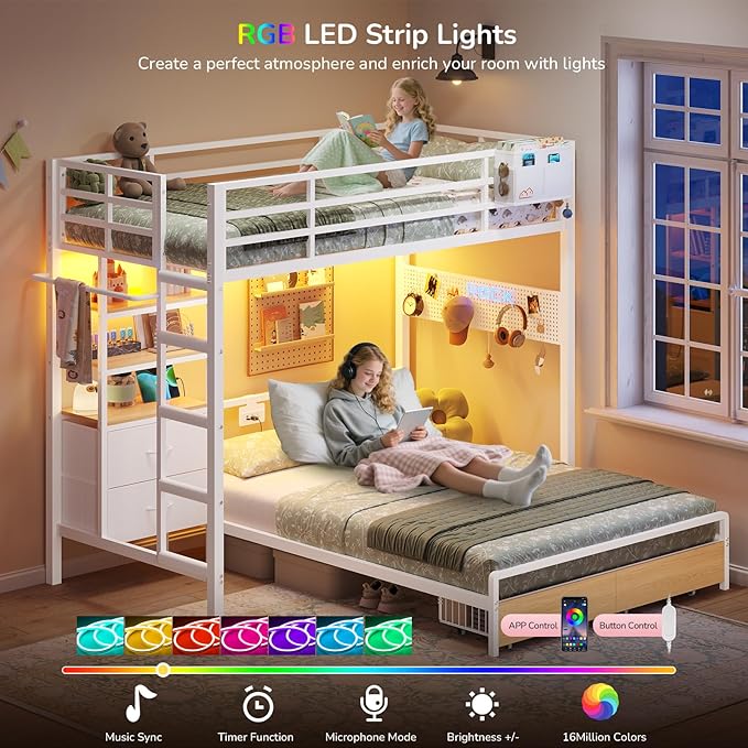 Twin Over Full Size Bunk Bed with 4 Storage Drawers and Bookshelf, Metal Bunk Beds with LED Lights, Charging Station, Loft Bunk Bed with Pegboard, Safety Guardrail and Ladders, for Kids, Teens, Adults