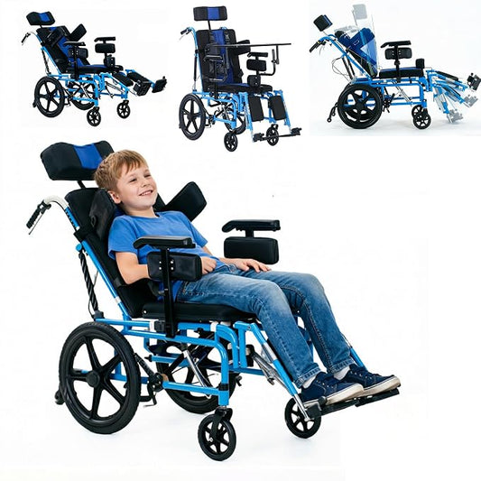 Full Reclining Pediatric Wheelchair – Heavy Duty Folding Kids Wheelchair with Headrest, Meal Tray & Elevating Footrest, Medical Mobility Chair for Home, Travel & Rehabilitation (Blue)