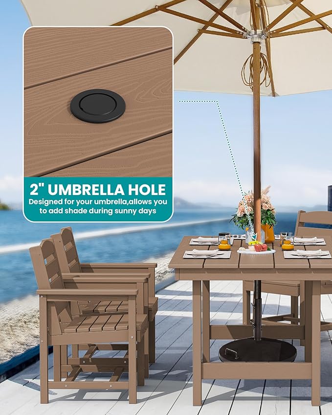 SERWALL Patio Dining Sets for 6 Person, HDPE Dining Set with 6 Armless Chairs, Brown