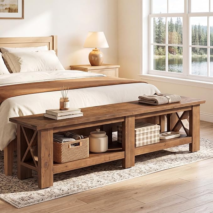 70.87" Solid Wood Entryway Shoe Bench, Extra Long Farmhouse Entryway Bench with Storage for Hallway, End of Bed, Dining Room, Rustic Brown