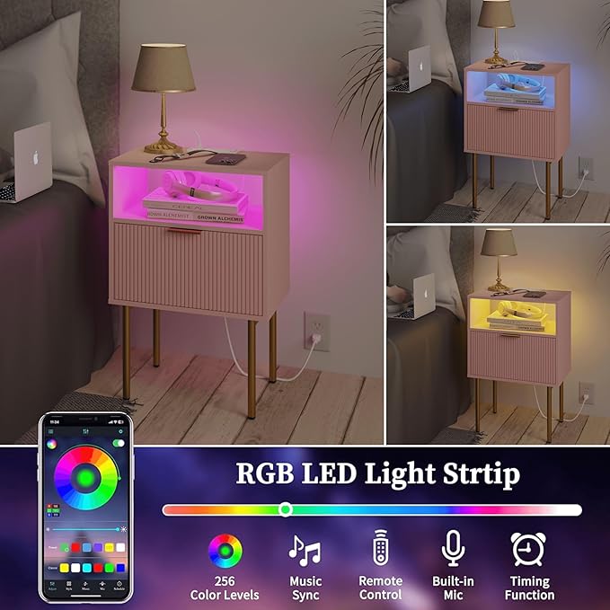 JOONEE Modern Nightstand with Charging Station and LED Lights, White Bedside Table with Drawer, Fluted Side Table for Living Room, Bedroom