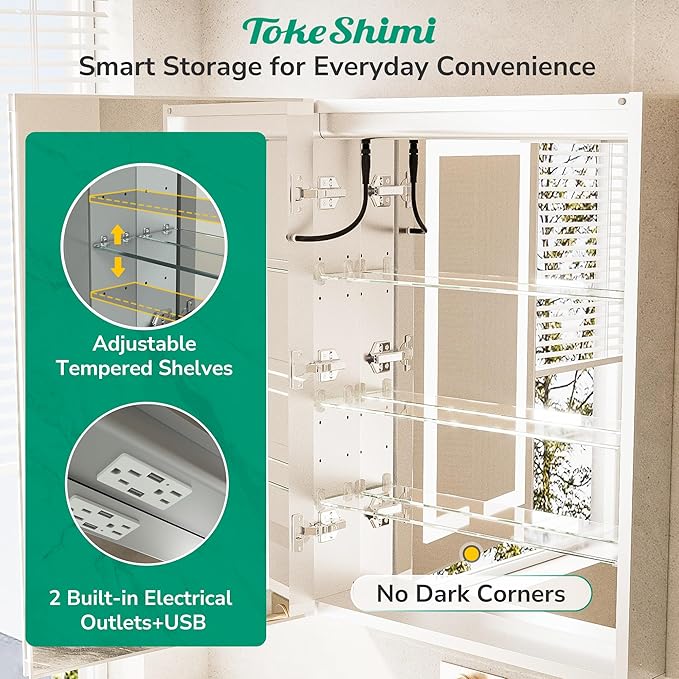 TokeShimi 36x24 Lighted Medicine Cabinet Mirror with Outlet, 3 Colors Dimmable Led Medicine Cabinet with Lights, Wall-Mount or Recessed, Anti-Fog Mirror with Storage for Bathroom and Vanity