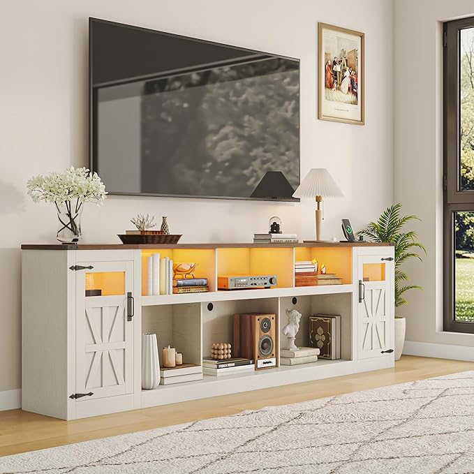 chartustriable Farmhouse TV Stand for 100 Inch TV,95" Entertainment Center w/LED Light,Large Media Console Cabinet w/Rustic Barn Doors,Power Outlets,Adjustable Shelves for Living Room,White