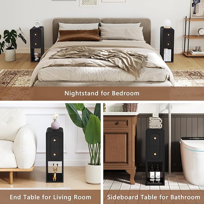 Small Nightstand Set of 2, Wooden Narrow Nightstands with 2 Drawers, Vintage Side End Table for Small Spaces, Skinny Night Stand, Bedside Table for Bedroom, Living Room (Black-2PCS)
