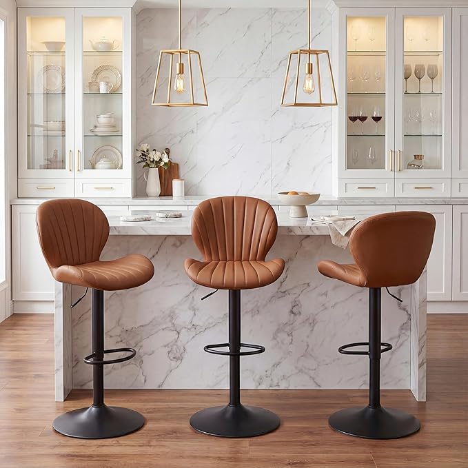 GRUSIGN Bar Stools Set of 4, Modern Swivel Adjustable Bar Chairs, Faux Leather Upholstered Counter Height Bar Stools with Backrest, Comfort Barstools for Kitchen Island, Home Bar, Brown
