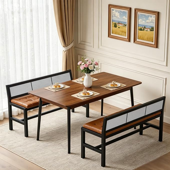 YATINEY Dining Bench, 39.4'' Kitchen Bench with Back, Dining Room Bench with PU Leather Upholstered Seat, Entryway Bench with Metal Legs for Dining Room, Entryway, Living Room, Black and Brown DB01BV