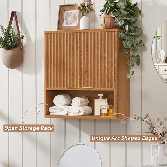 LEYAOYAO Fluted Bathroom Wall Cabinet, Wall-Mounted Medicine Cabinet with Adjustable Shelf and 2 Doors, Tea Brown Farmhouse Over the Toilet Storage Cabinets for Laundry Room, Kitchen, Living Room