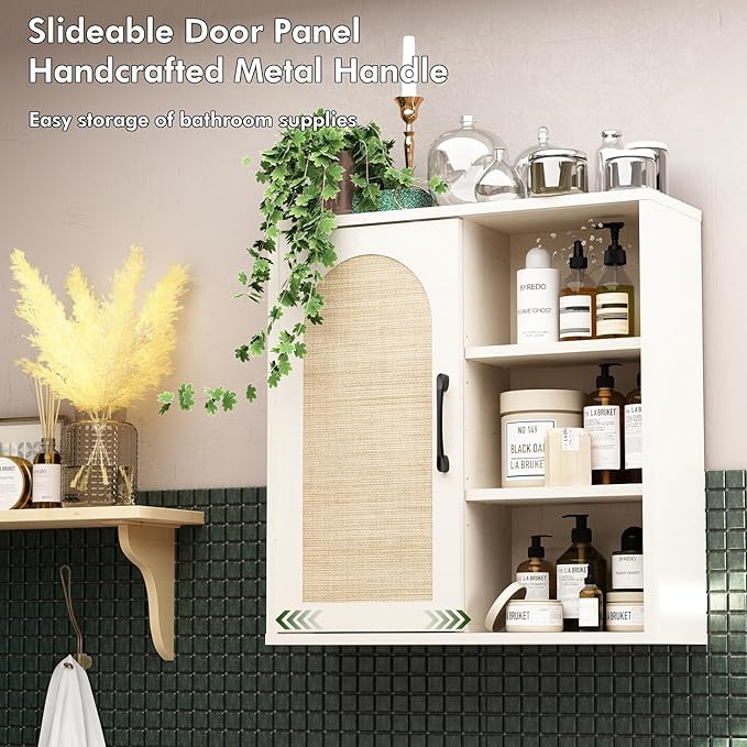 RUSTOWN Boho Rattan Wall Cabinet, Midcentury Bathroom Cabinet with Sliding Door, Adjustable Shelves, Over The Toilet Storage Cabinet (Vintage White)
