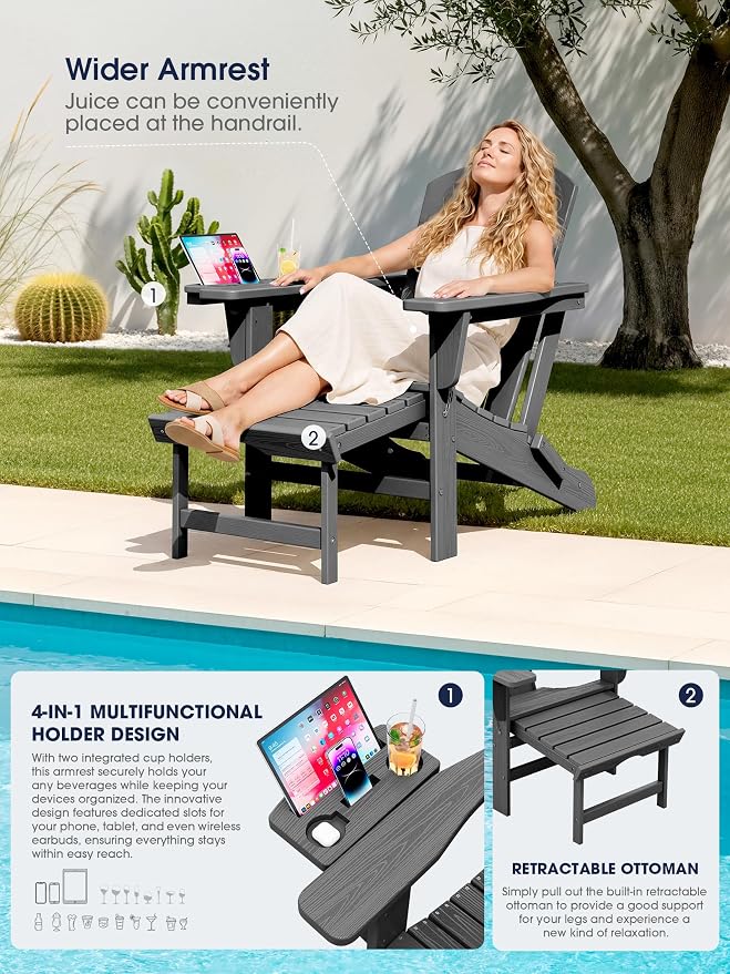 KINGYES Folding Adjustable Adirondack Chair with Ottoman & 2 Cup Holders Set of 2, HDPE Adirondack Recliner Chair with Footrest, Grey